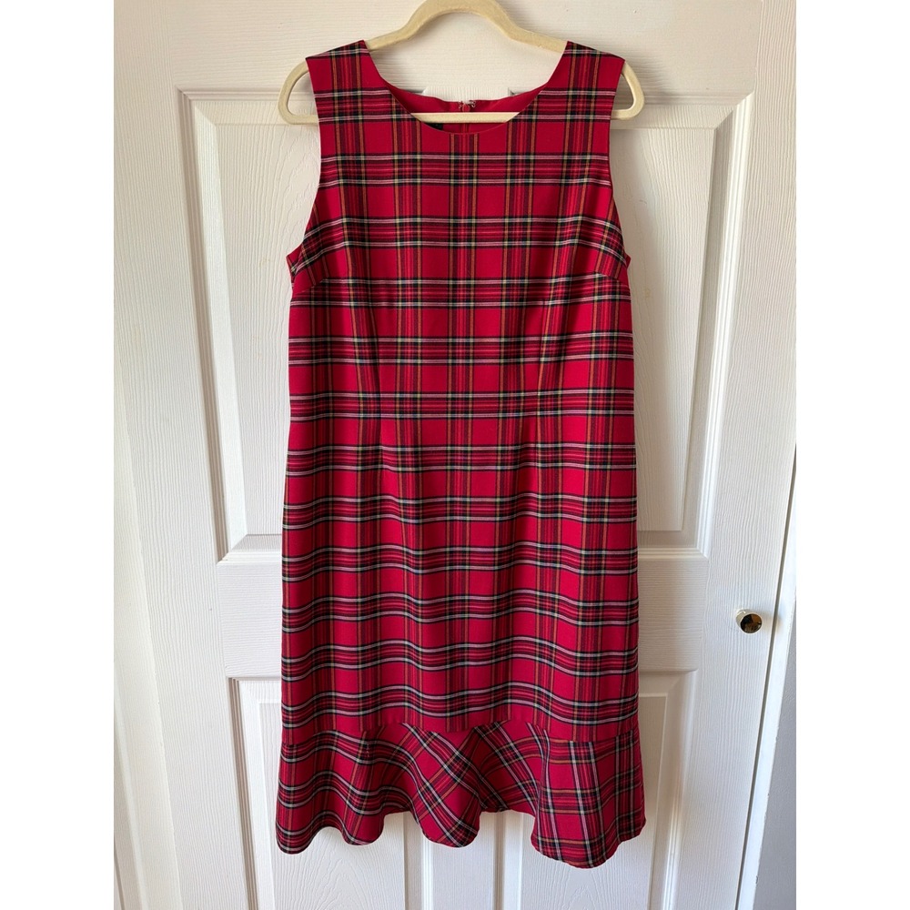 Talbots Tartan Plaid Sheath Dress Size 12 Red Wool Blend Flounce Holiday Preppy